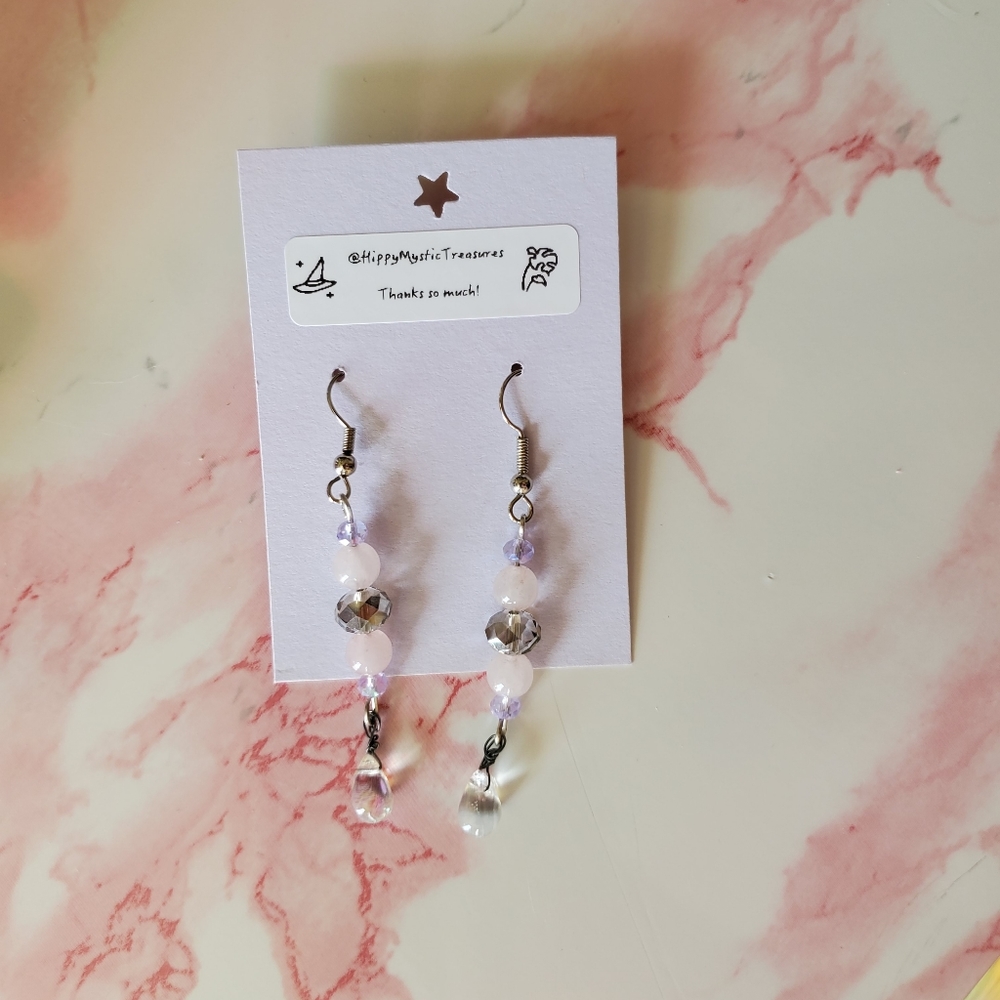 Rose Quartz, Smokey Quartz, & Tear Drop  Beaded Drop Earrings
